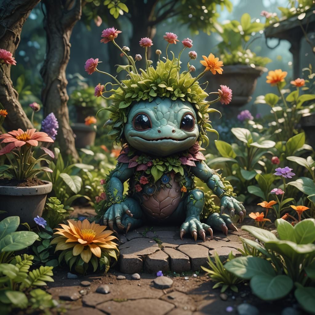 Cute Plant Creature Relaxing in Garden: Fantasy Art