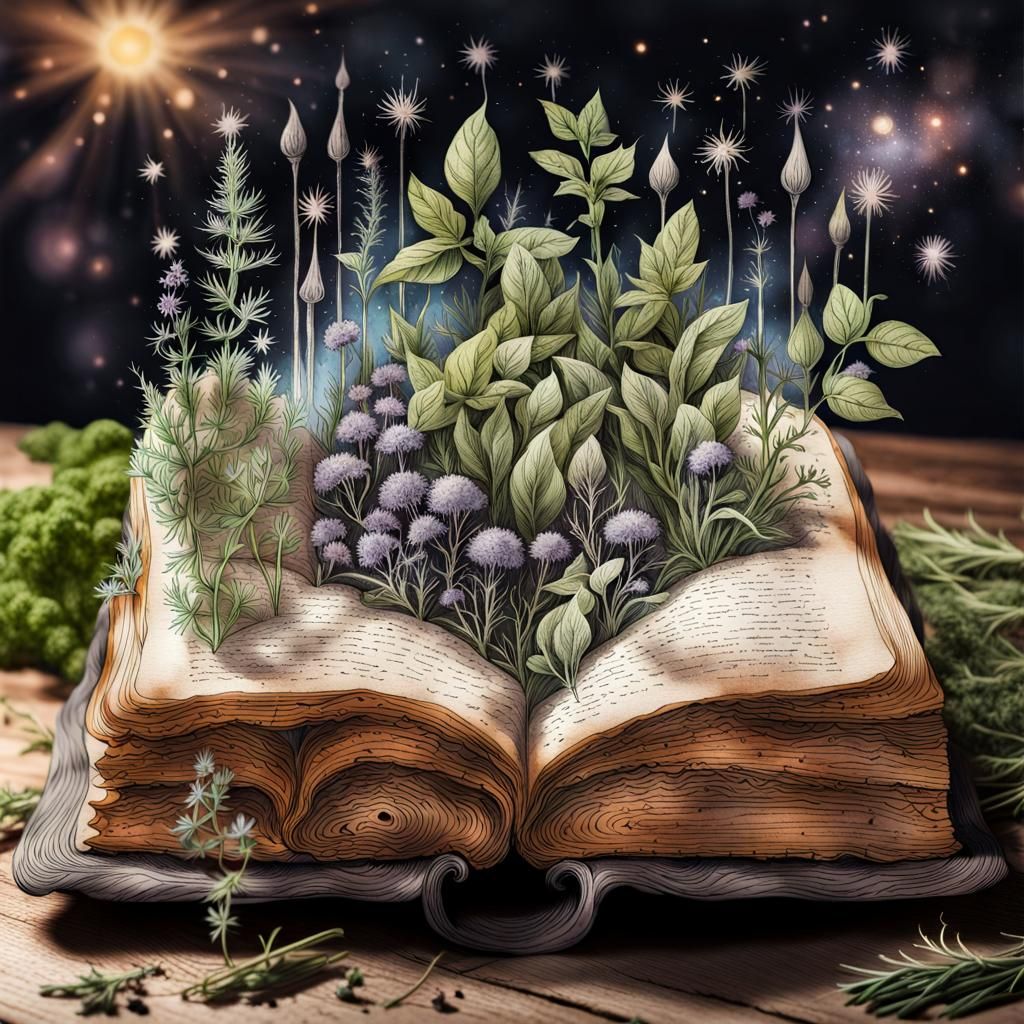 Magical Herbs Growing from Ancient Book Ink Drawing
