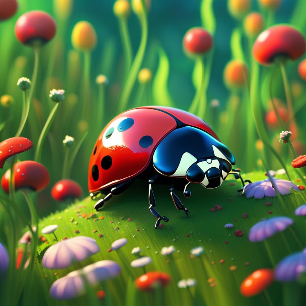 Cartoon Ladybug in Ghibli-Style Meadow