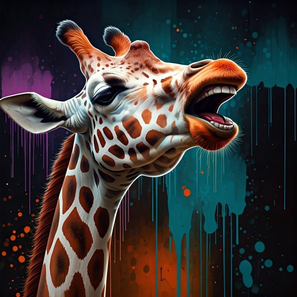 Laughing Giraffe in Urban Graffiti Splash Art Style