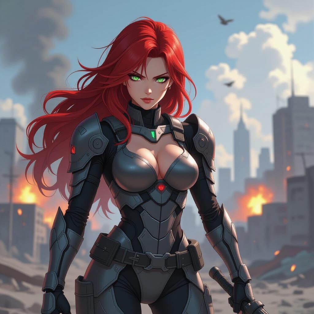 Anime Warrior Woman Ready for Battle in Ruined City