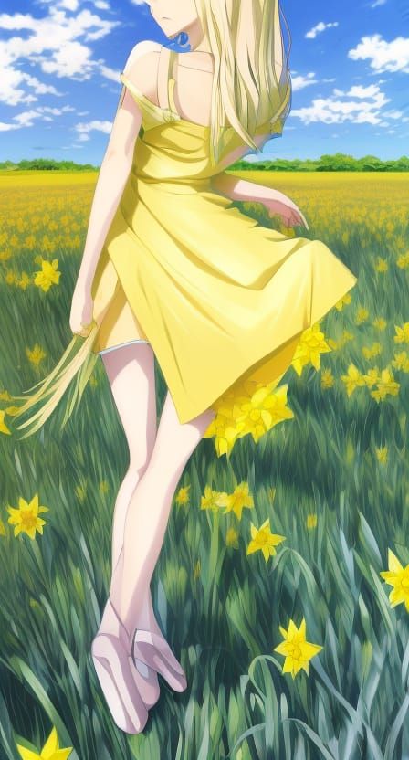Blonde Girl in Daffodils Field: Impressionistic Anime Art