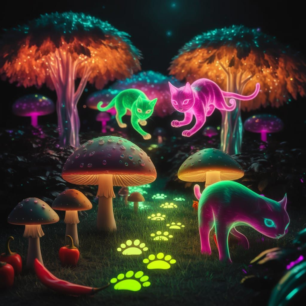 Enchanted Digital Cats in Neon Iridescent Forest