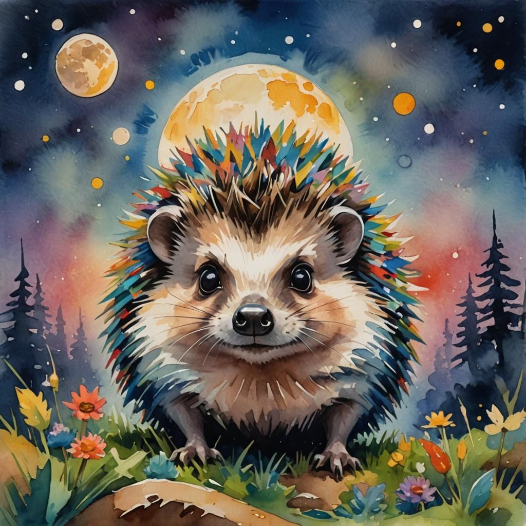 Cartoon Hedgehog Gazing at Moon in Gouache Style