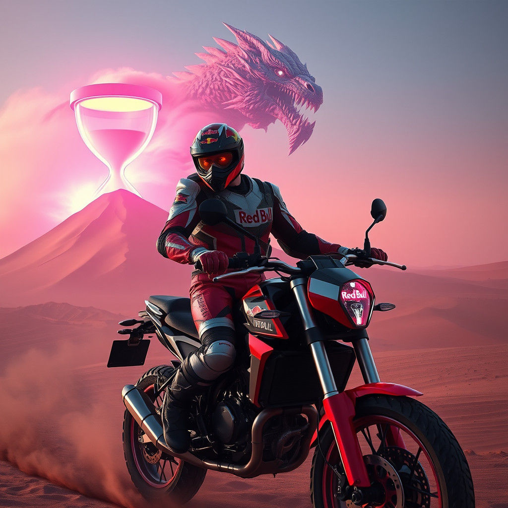 Futuristic Motorcyclist Confronts Dragon in Synthwave Style