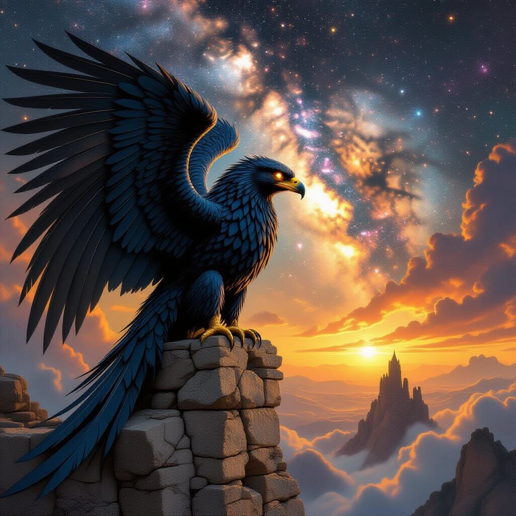 Majestic Griffin on Ancient Observatory, Cosmic Nebula Below
