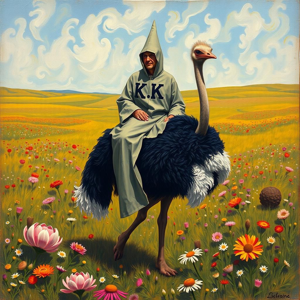 Surreal Ostrich Rider in a Van Gogh-Inspired Landscape