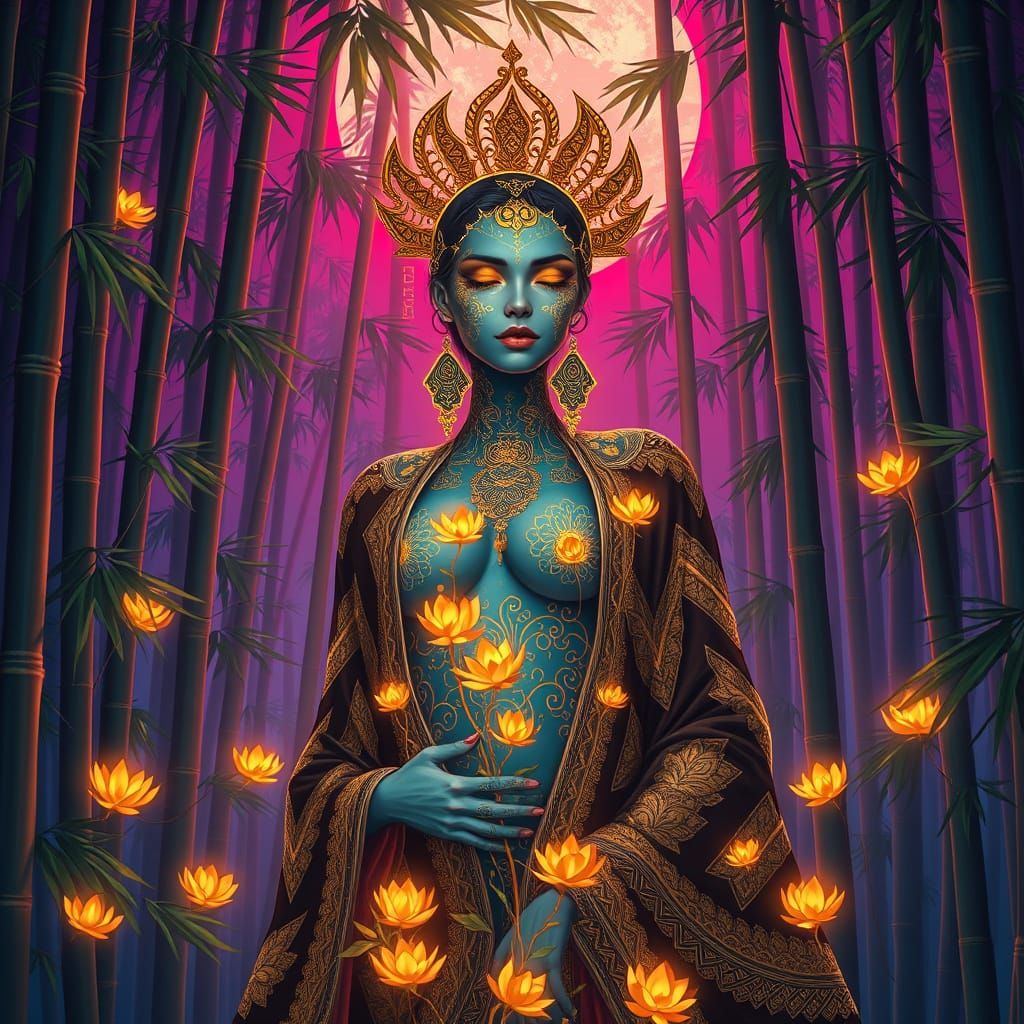 A surreal image of a mystical priestess standing within a ba...