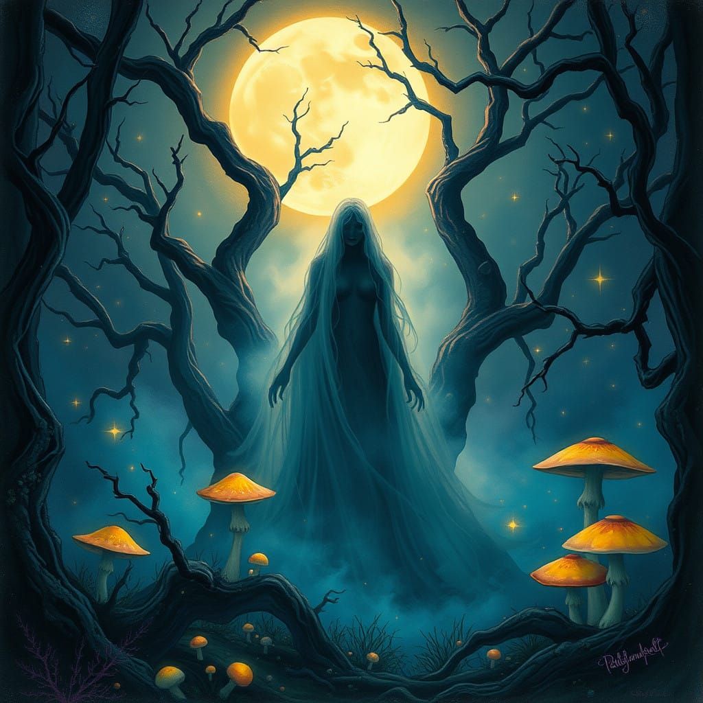 Mystical Figure in Moonlit Woodland