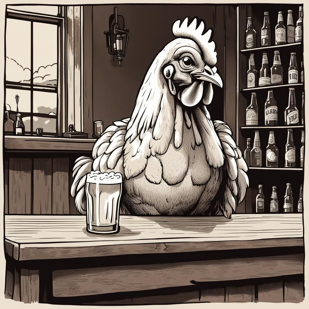 Chicken at Pub Quiz, Cartoon Style Illustration