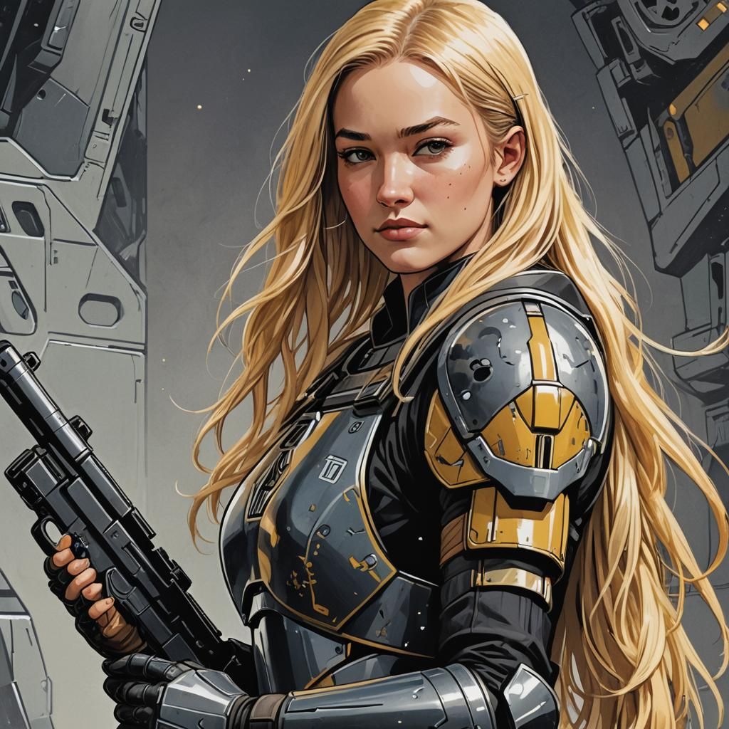 Sci-Fi Girl in Mandalorian Armor, Comic Book Style