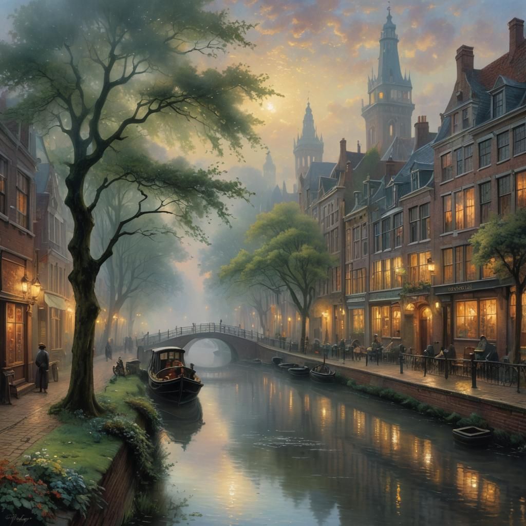 Utrecht Canal Scene in Ethereal Fantasy Style