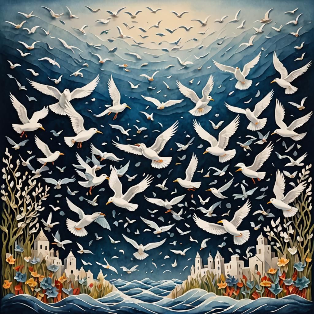 Seagulls Gather in Watercolor Oil Painting Fusion
