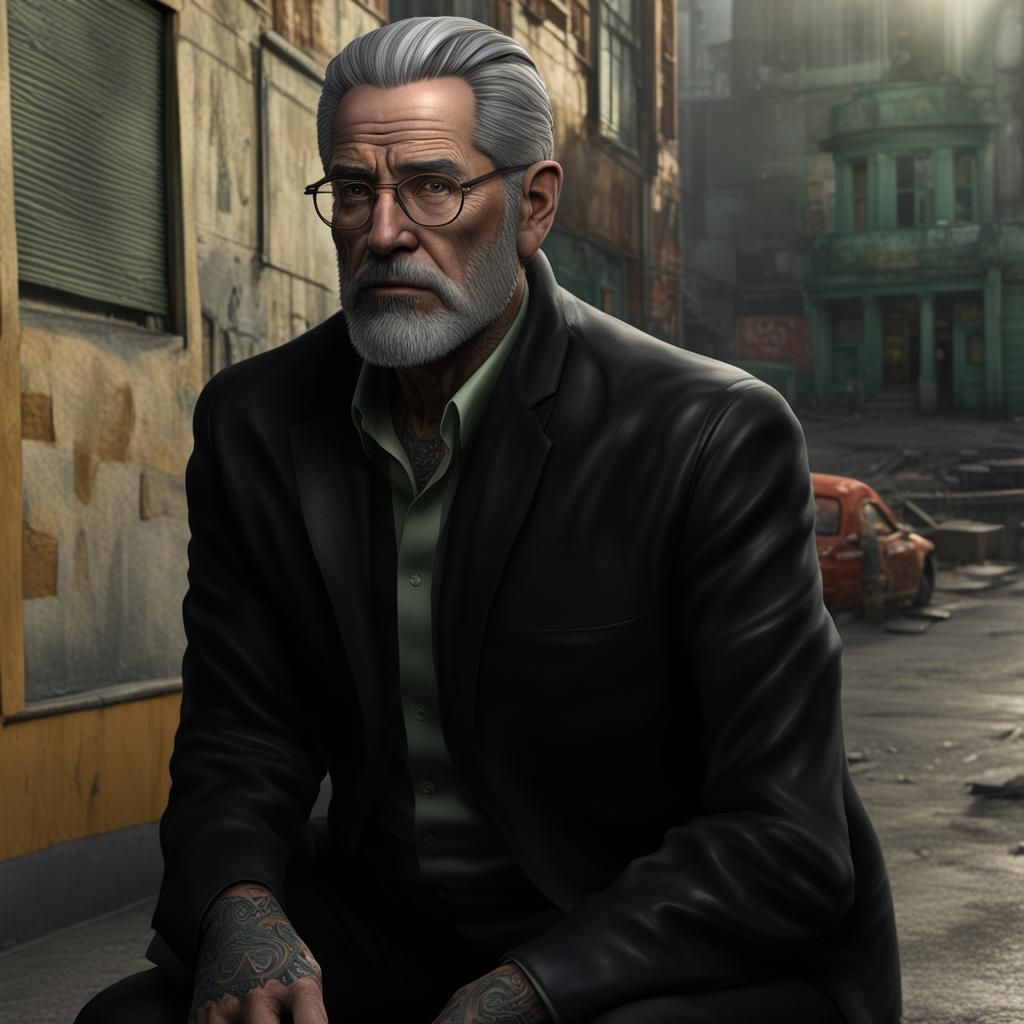 Hyperrealistic Portrait of a Serious Man with Gray Hair