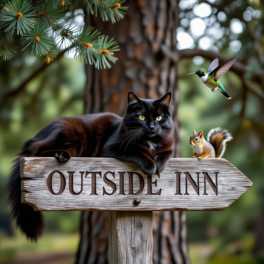 Black Cat on Signpost Watches Squirrel, Hummingbird Nearby
