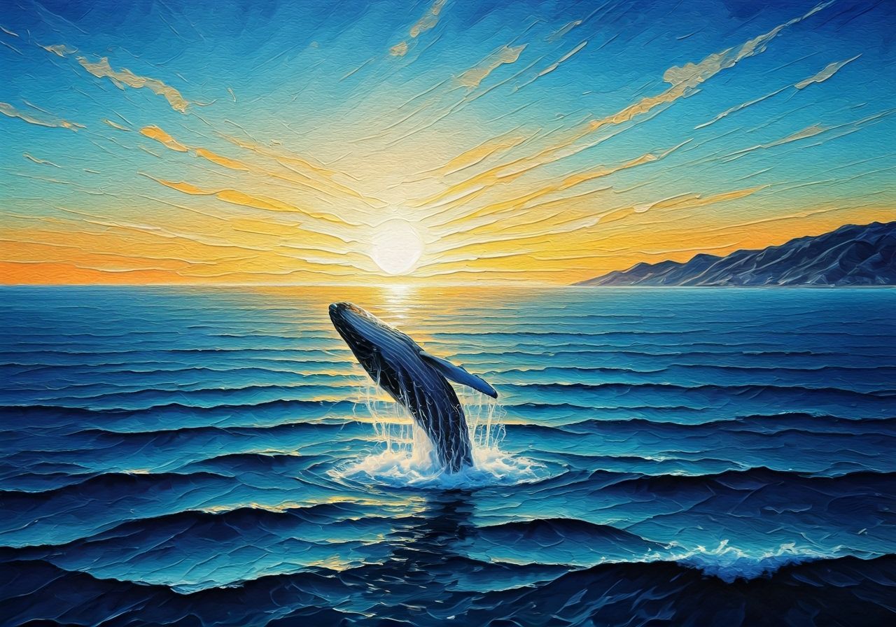 Textured Impasto Acrylic Ocean Vista with Whale at Sunset