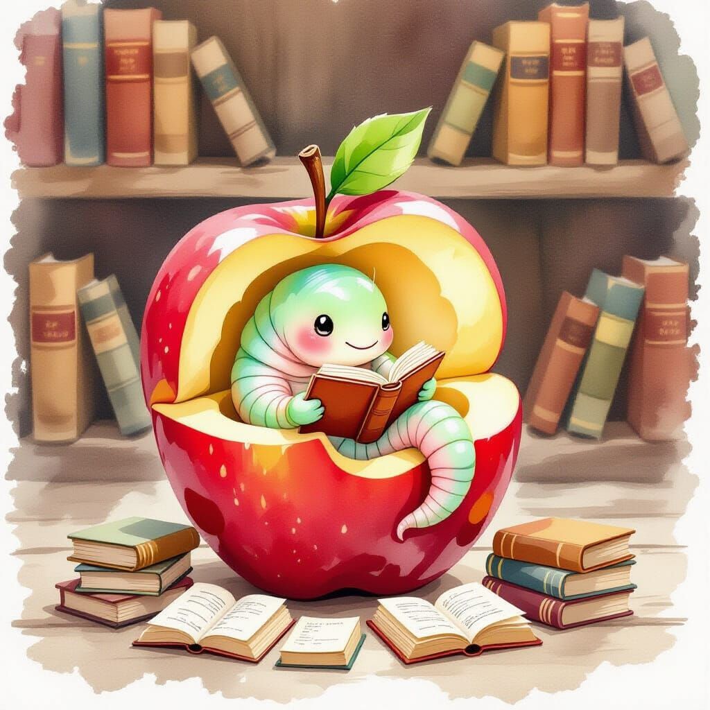 Bookworm Reading in Apple, Watercolor Painting