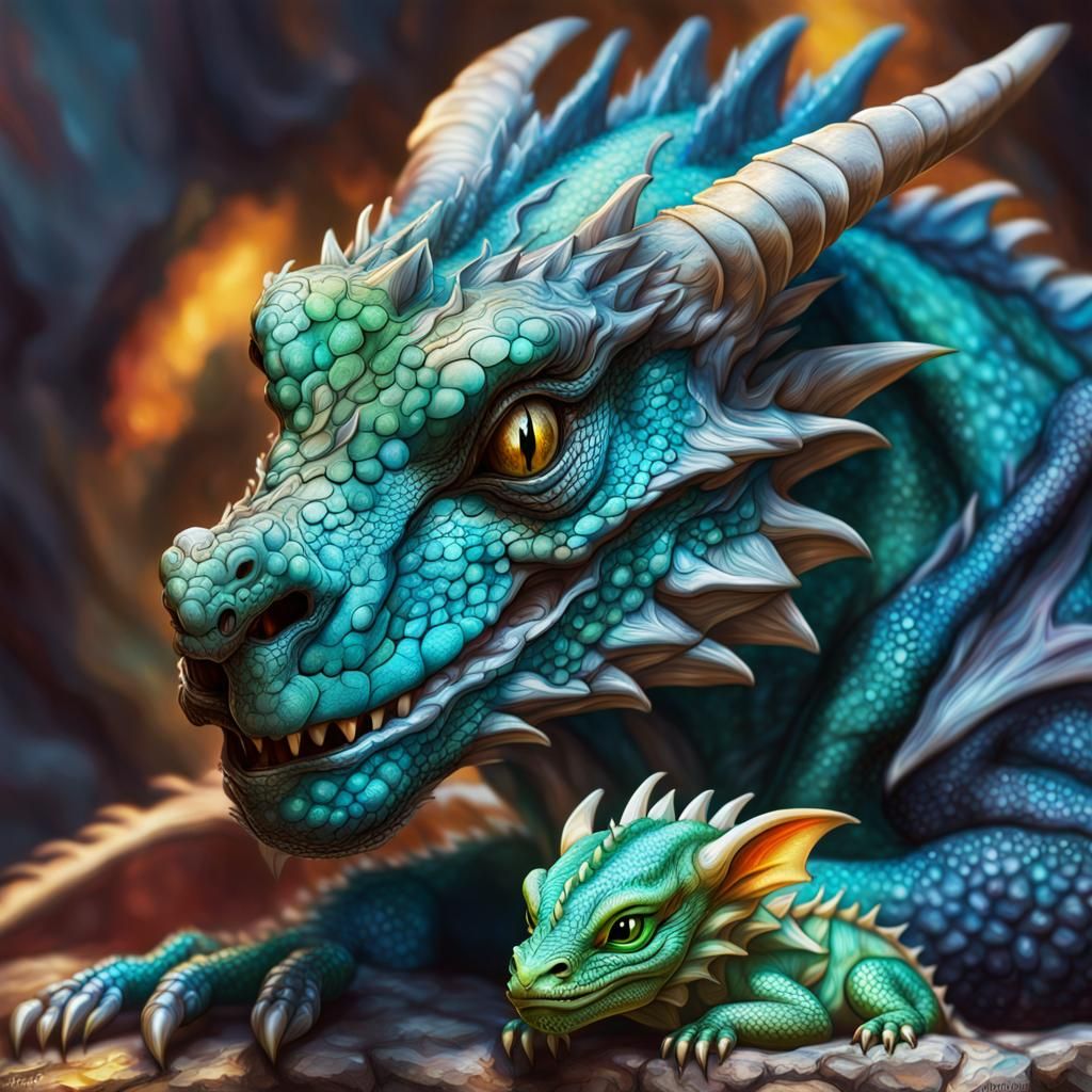 Adult Dragon Guarding Sleeping Baby: Hyperrealistic Art