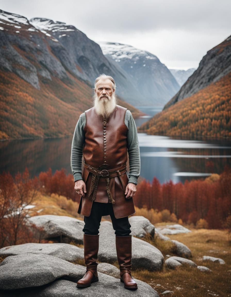 Norwegian Viking in Autumn Mountain Landscape