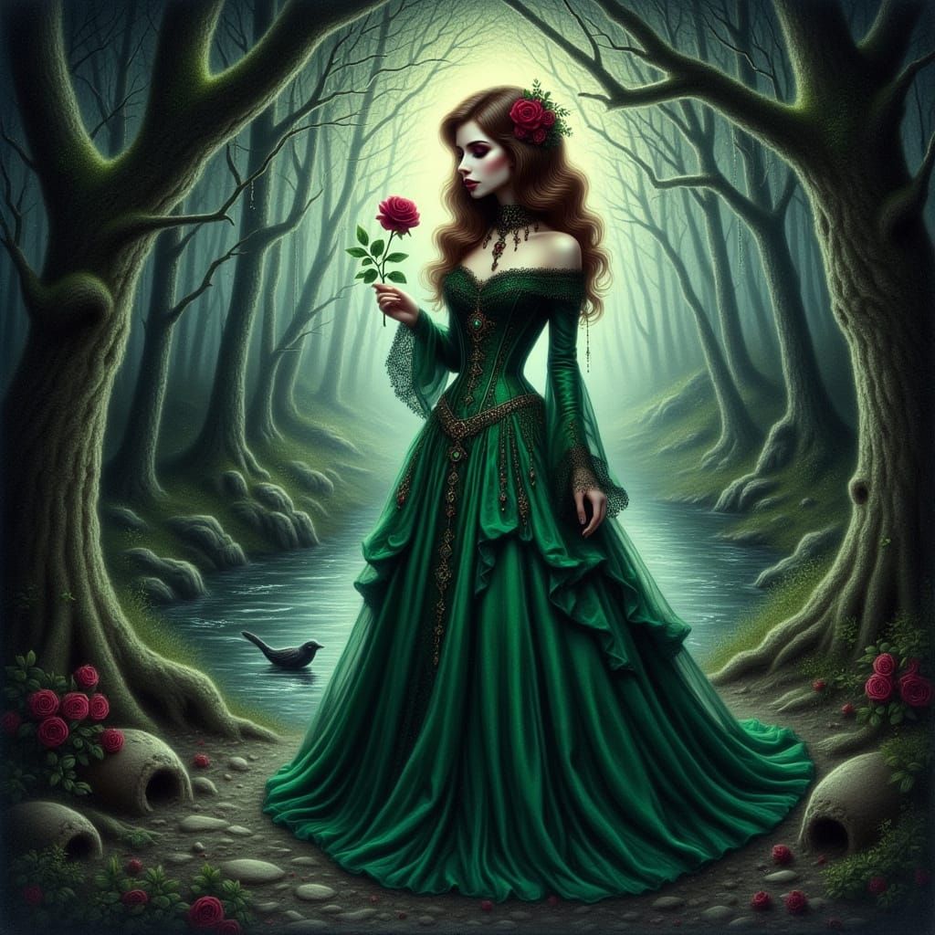 Mystical Forest Witch with Red Rose in Watercolor Style