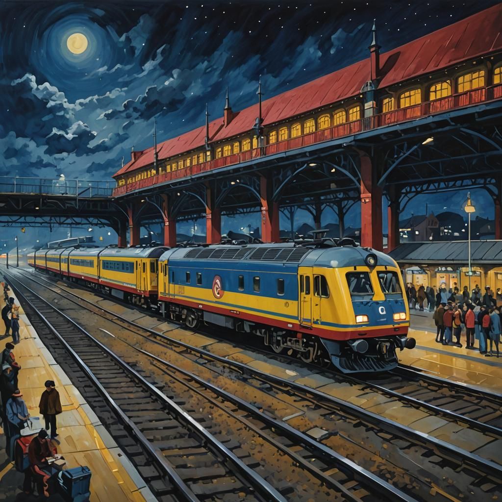 Train Station at Night Painting