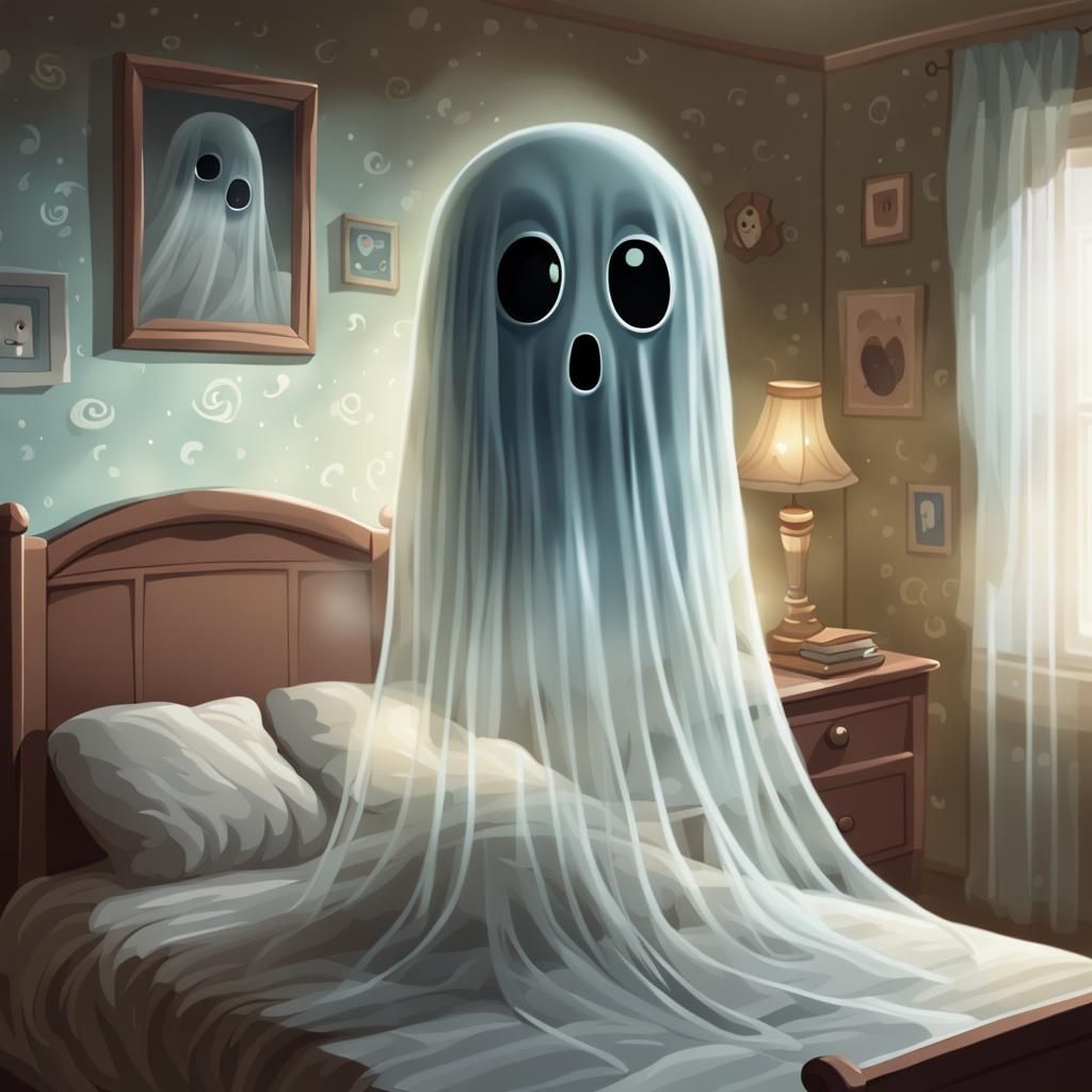Adorable Ghost Sneaking in Bedroom, AI Generated