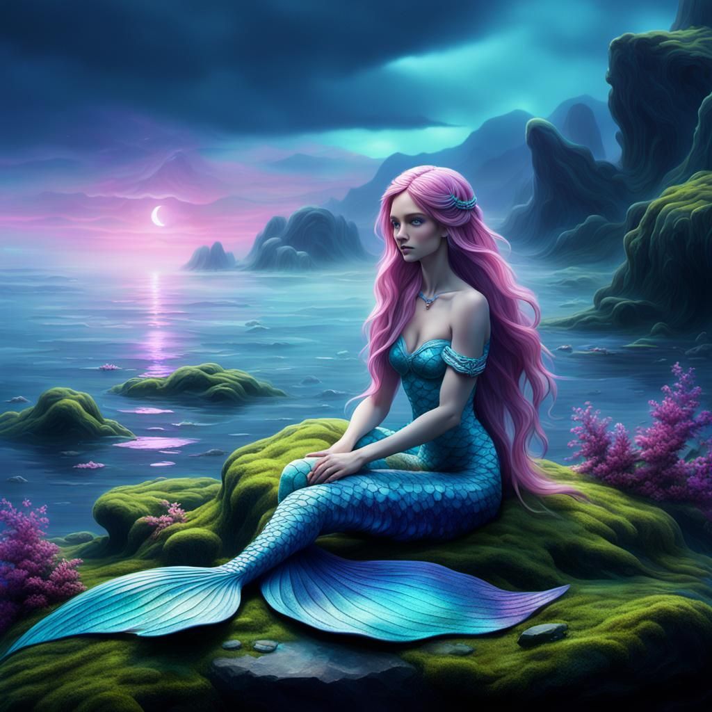Cyber Mermaid in Bioluminescent Fantasy Landscape