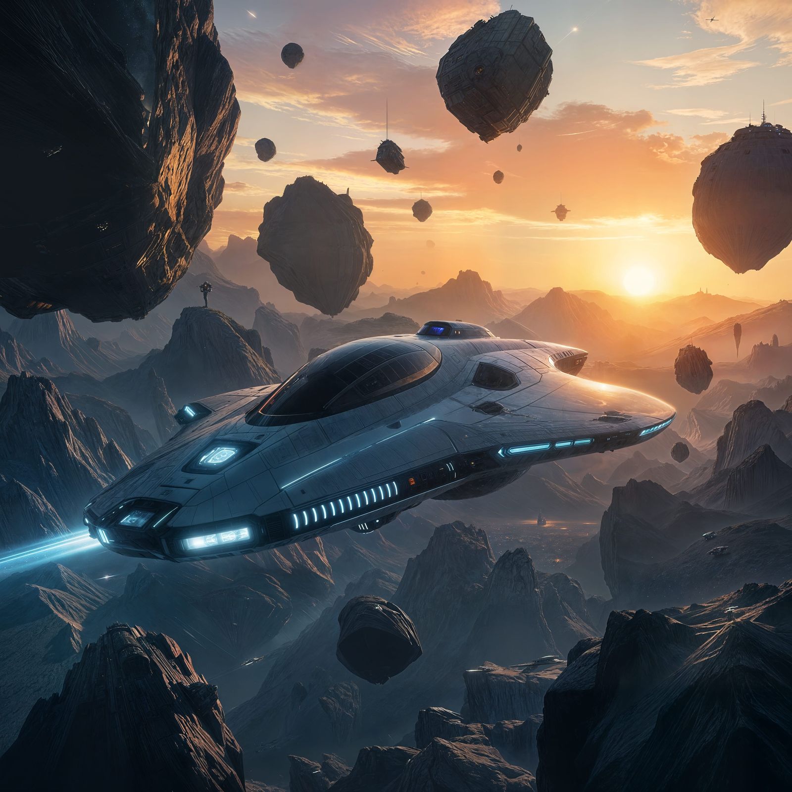 Futuristic Starship Navigates Asteroid Field