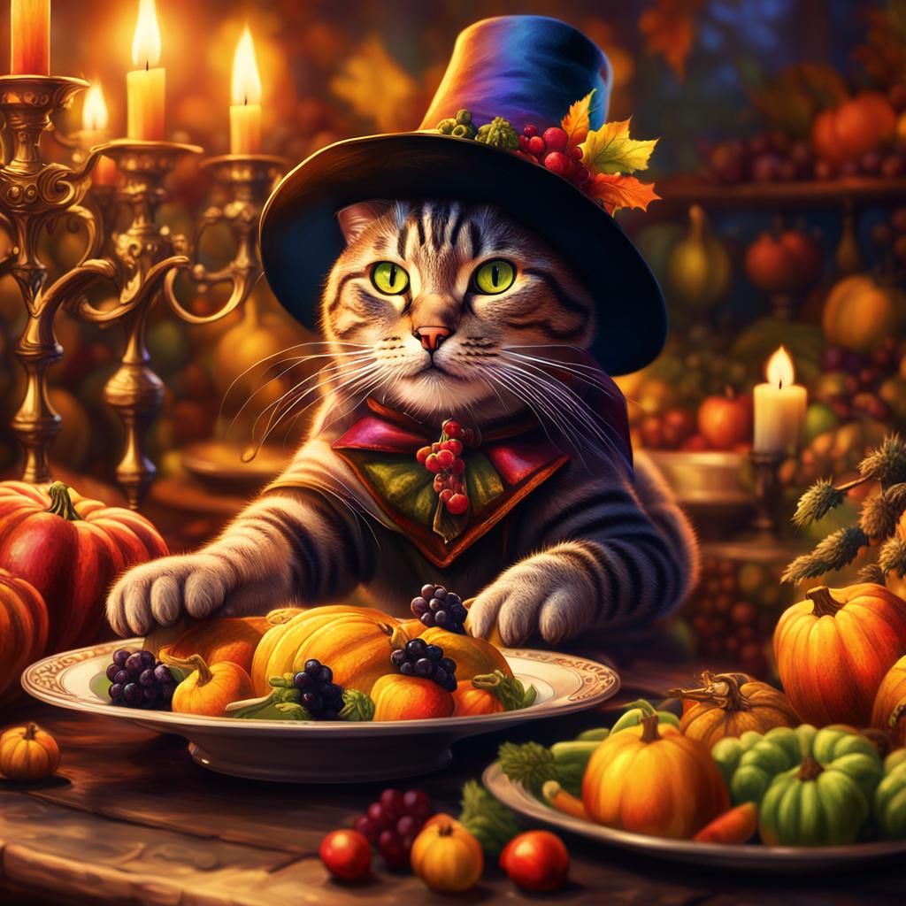 A cat in a Pilgrim hat at Thanksgiving