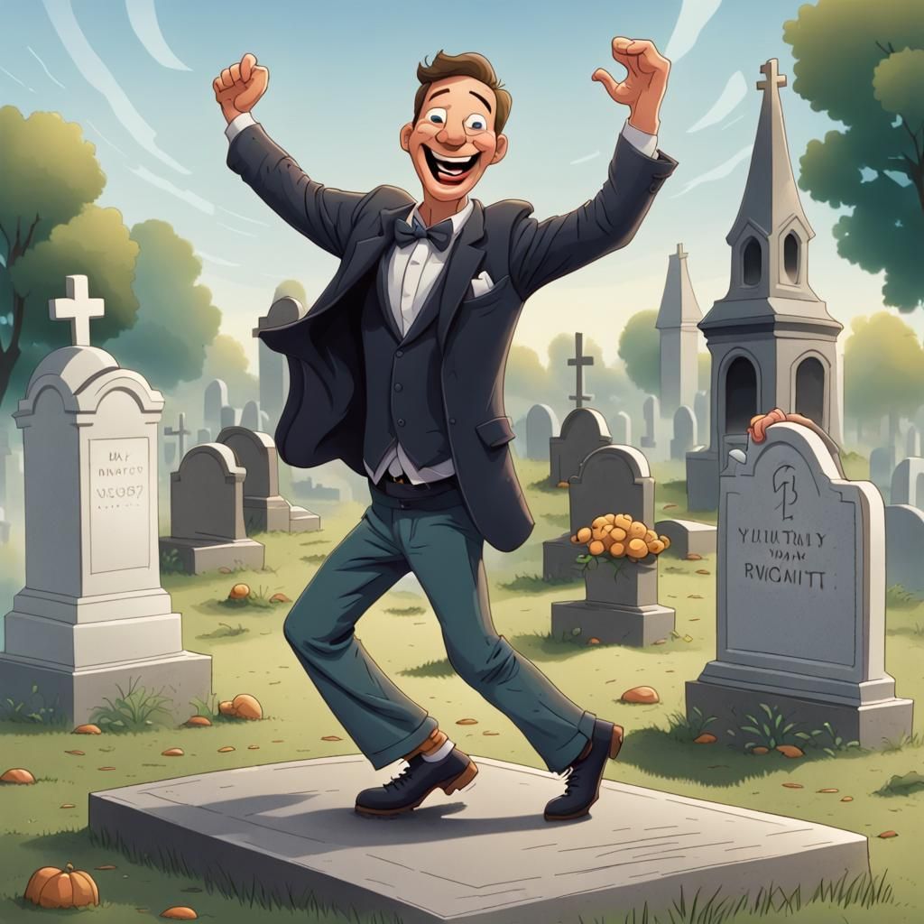 Cartoon Man Dances on Grave with Joy