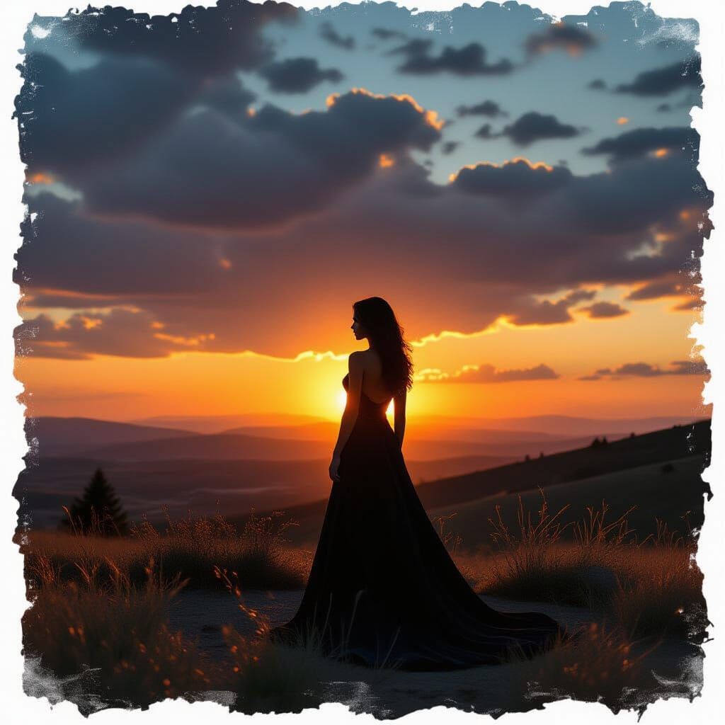 Woman in Sunset Vista with Charcoal Sketch Effect