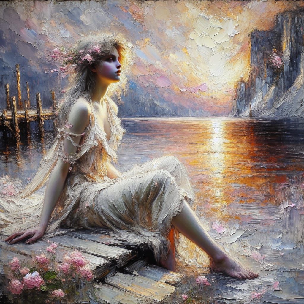Ethereal Oil Painting of Woman by Lake