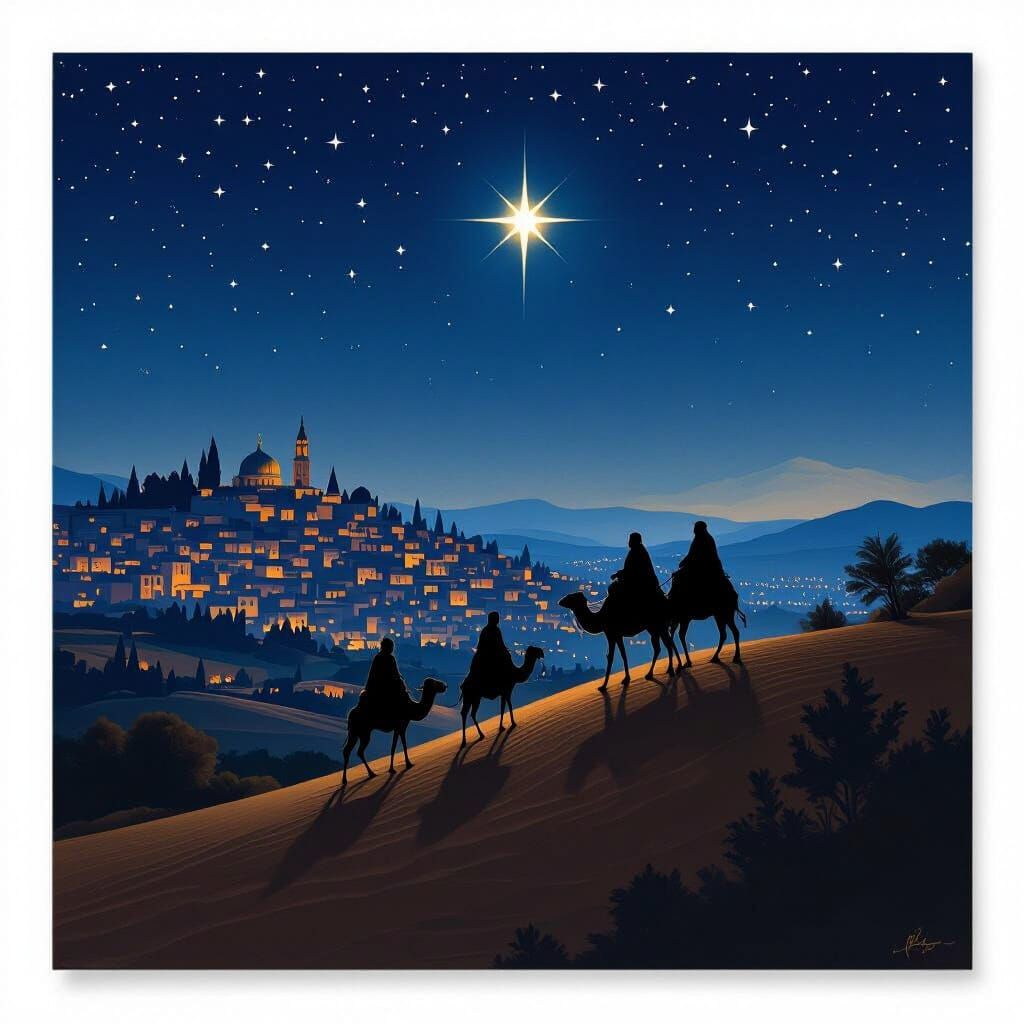Three Wise Men on Starry Night in Bethlehem