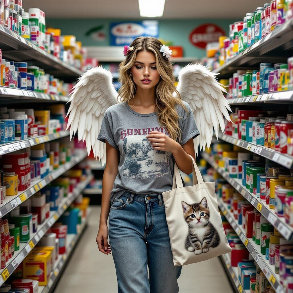 Hyperrealistic Angel Shopping in Convenience Store
