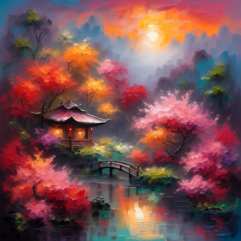 Japanese Garden Twilight: Impasto Oil Painting