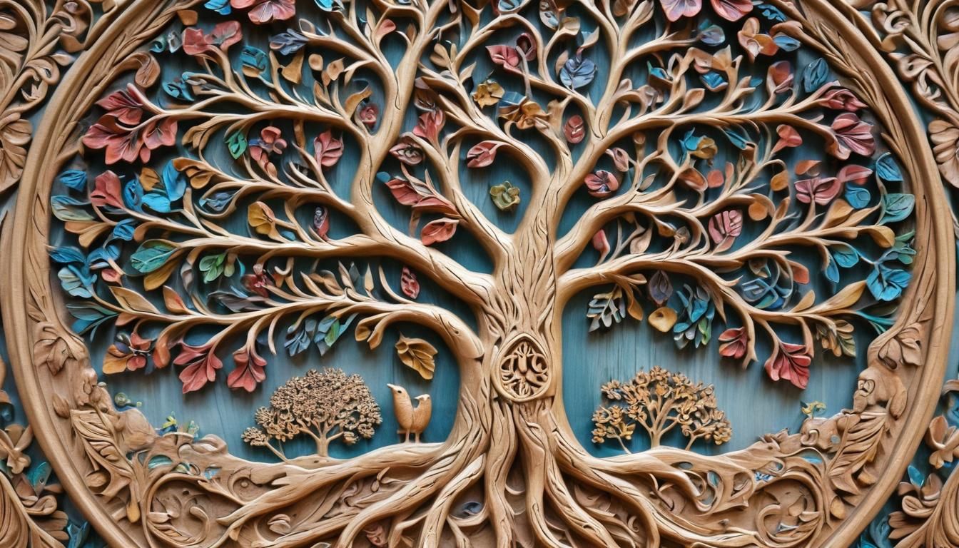 Detailed Multicolored Scandinavian Tree of Life Wood Carving