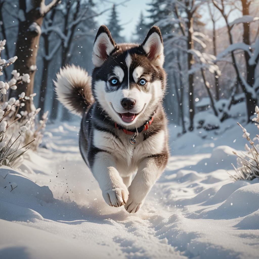 Cute Husky Puppy in Snowy Anime 3D Art