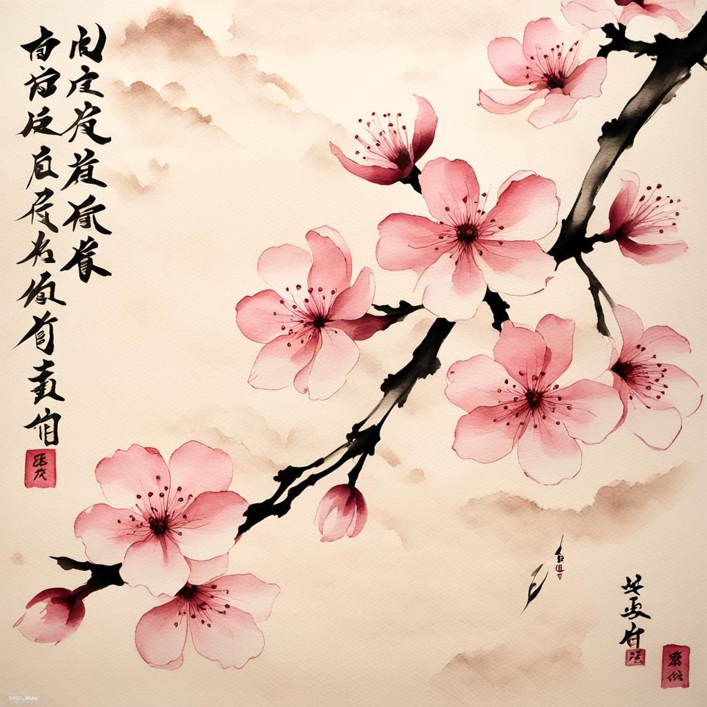 Elegant Cherry Blossom Ink Wash Art