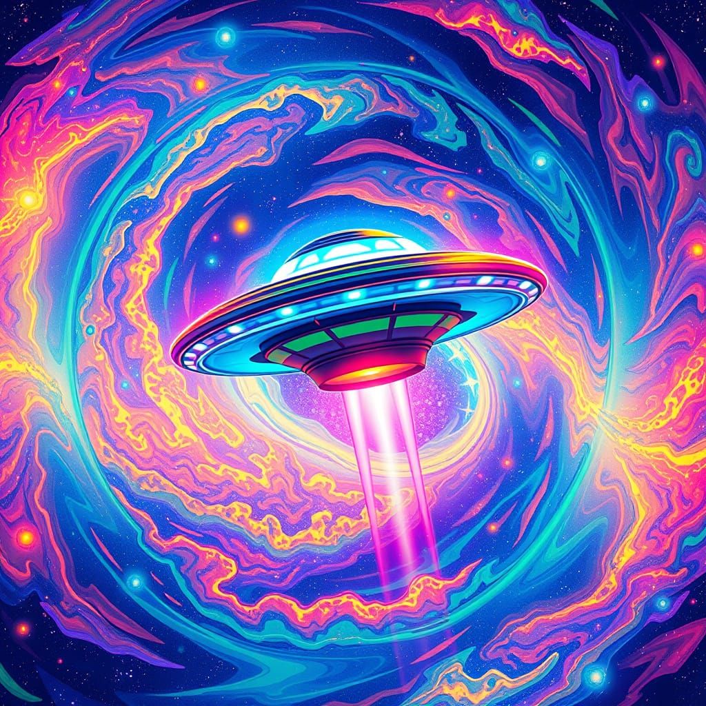Glowing UFO in Psychedelic Astral Cosmos