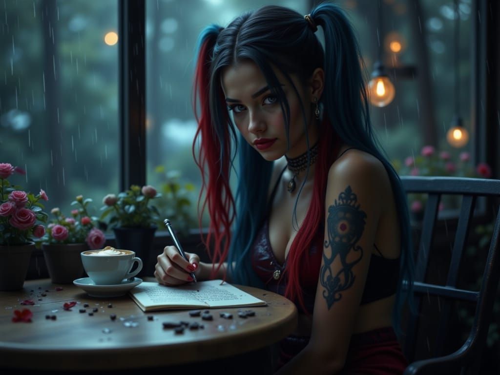 Harley Quinn in Cafe Writing, Emotional Night Scene