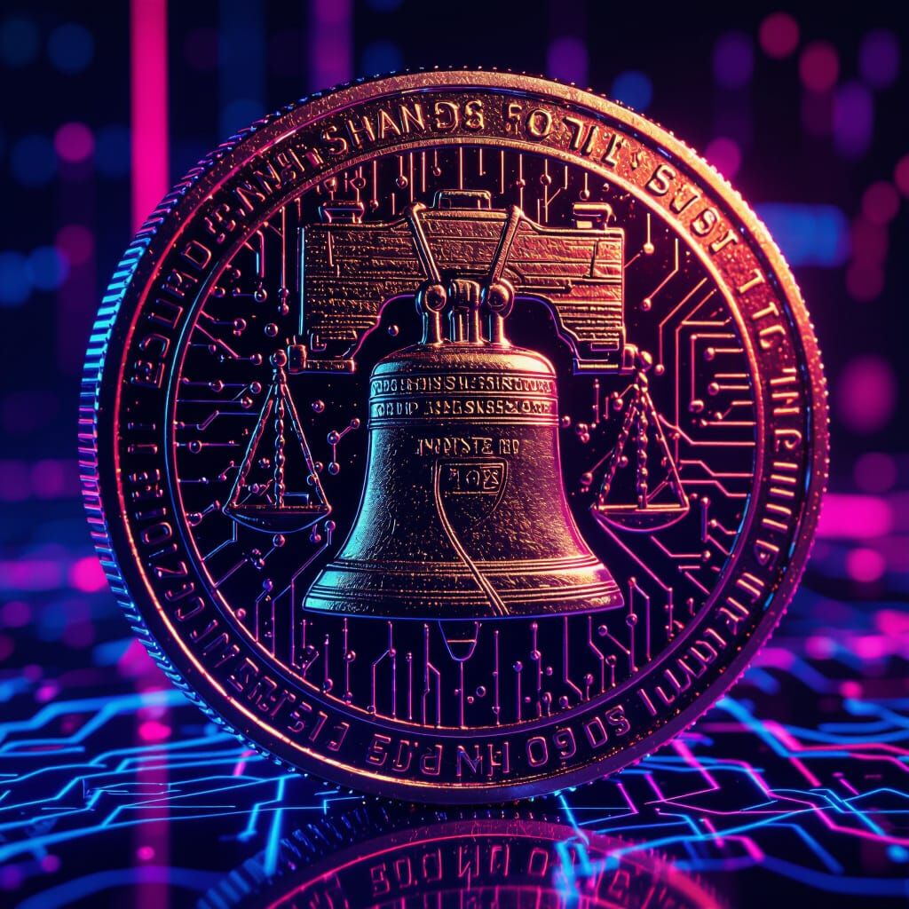 Blockchain Freedom Coin with Neon Synthwave Lighting