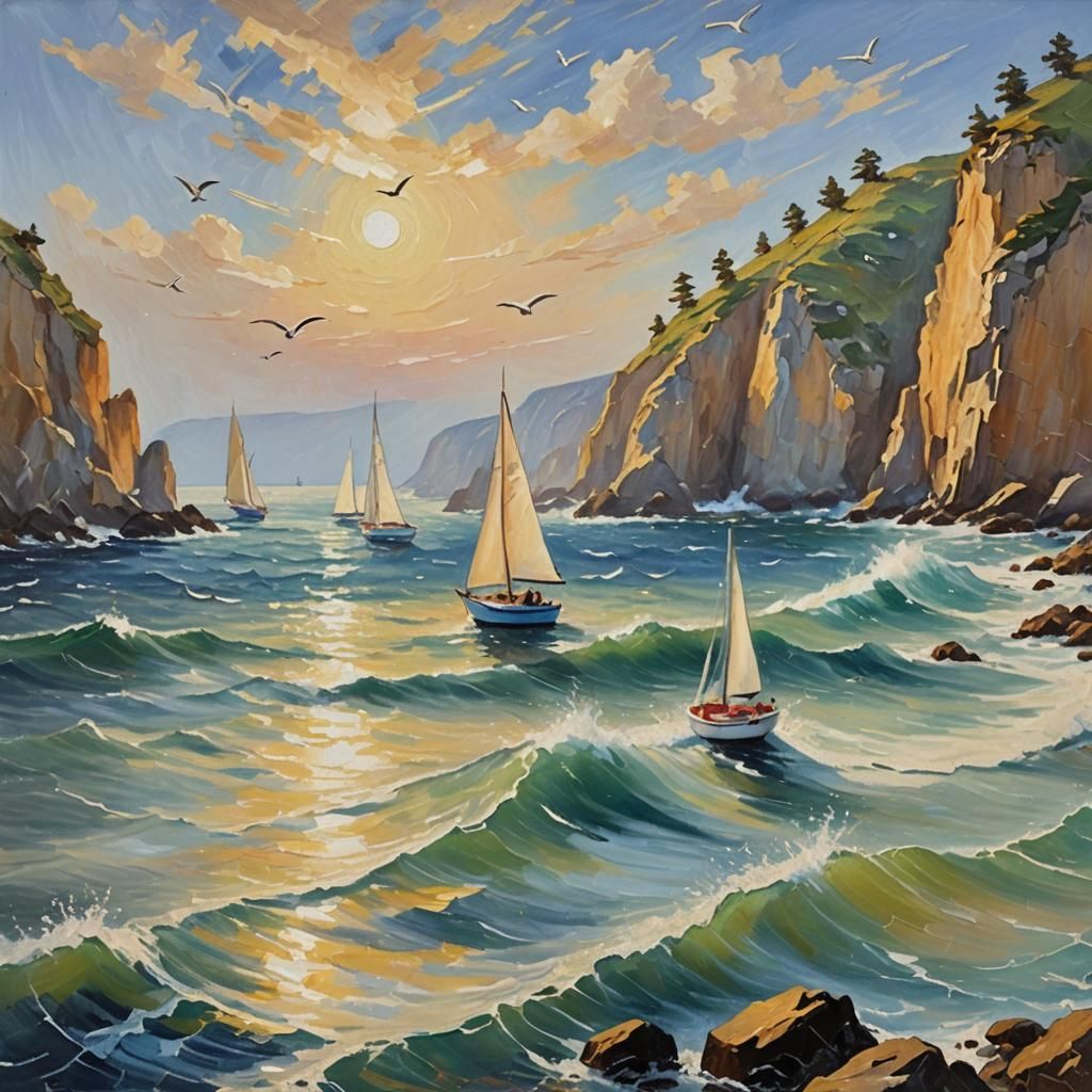 Impressionist Sailboats at Sea in Golden Light
