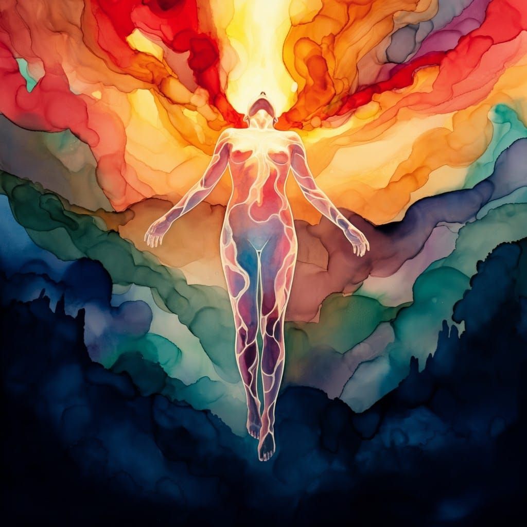 Ethereal Figure in Dreamlike Watercolor Landscape