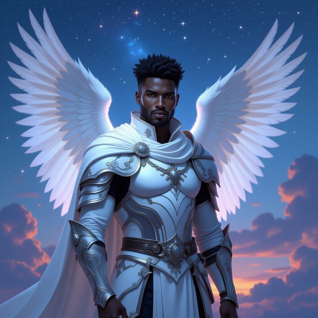 Ethereal Dark Skinned Angel in White Armor and Wings