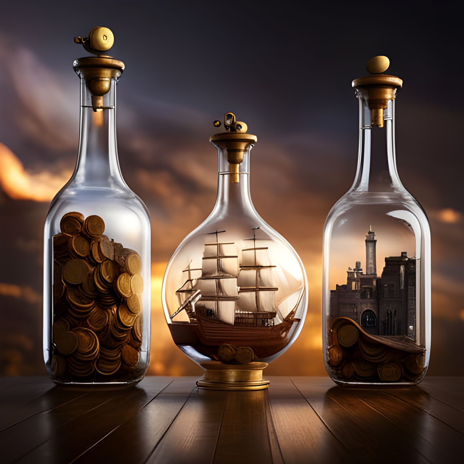 Pirate Ship, Dragon, and Galaxy in Bottles