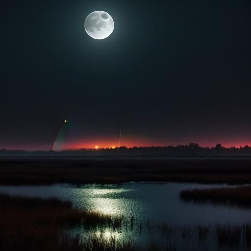 Rainbow Moon Over Still Marsh at Night
