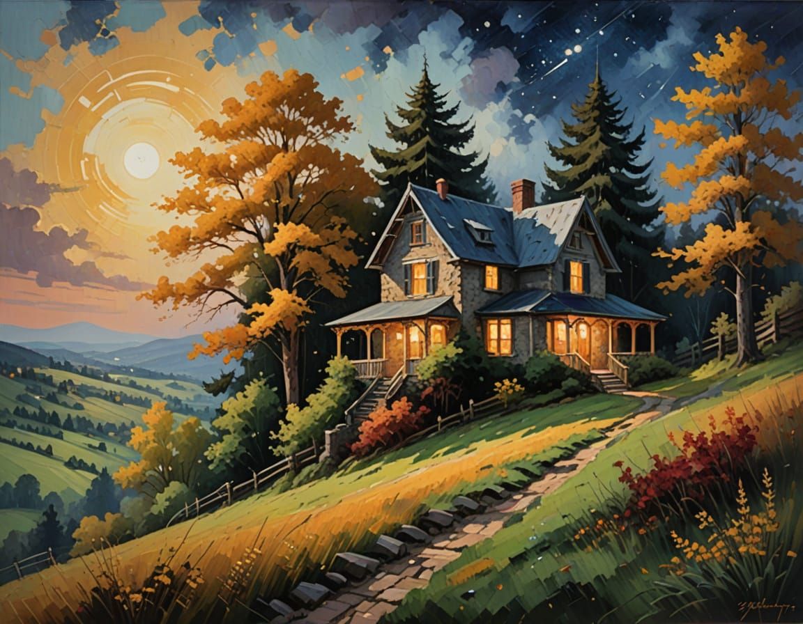 Cozy Hilltop Cottage Under Starry Night Sky