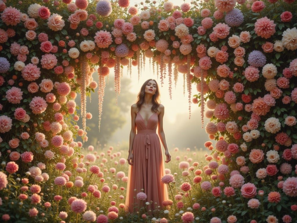 Woman Amidst Floral Cascade Fine-Art Portrait