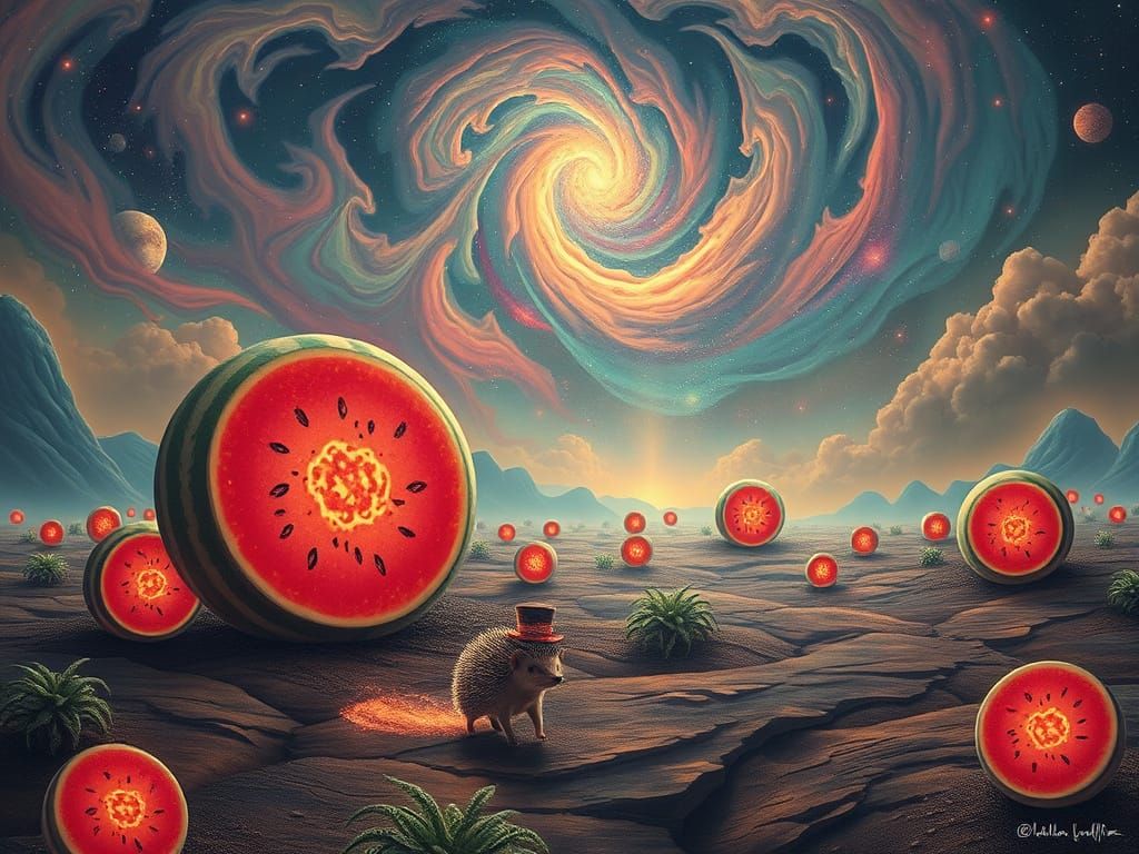 Surreal Watermelon Garden with Hedgehog in Dreamlike Style