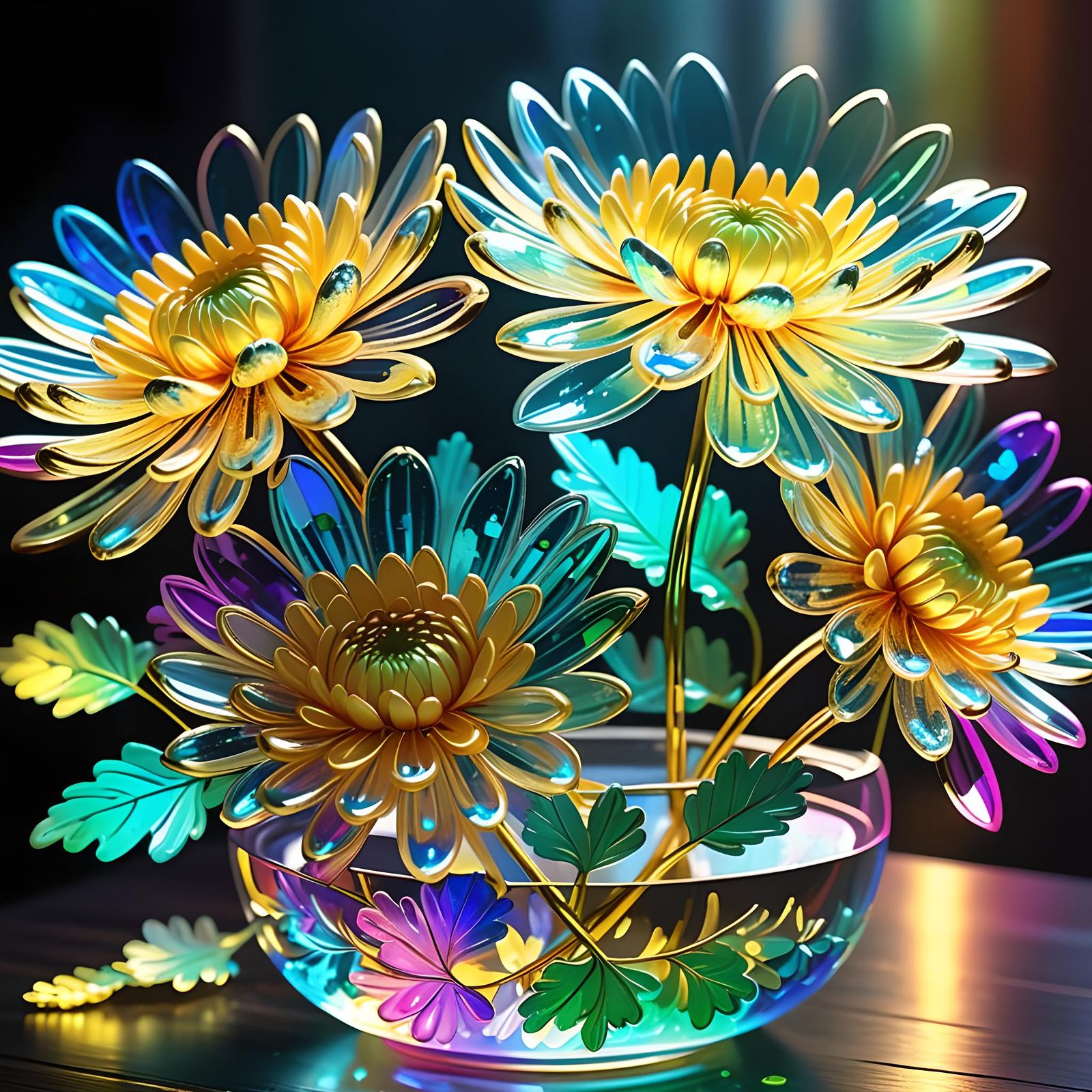 two beautiful Chrysanthemums flowers with glass petals, and gold metal leaves, shine, transparent petals with color refl...